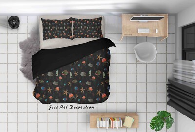3D Jellyfish Starfish Fish Black Quilt Cover Set Duvet Cover Bedding Pillowcases