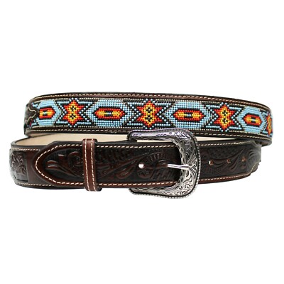 100% Leather Cowboy Cowgirl Belt Hand Tooled Beaded Western Belt