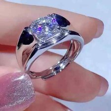 2Ct Round Cut Real Moissanite Wedding Men's Ring 14k White Gold Plated Silver