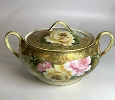 Vintage Antique Japanese Nippon Maple Leaf Hand Painted Gilded Rose Serving Bowl