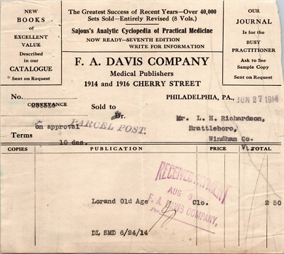 FA Davis Company Philadelphia PA 1914 Billhead  Sajous Cyclopedia of Medicine