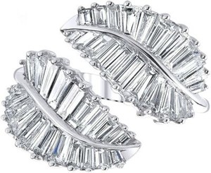 Authentic 3 4/7 Ct Bypass Palm Leaf Ring Baguette Simulated Diamond 14K Gold Plated Silver
