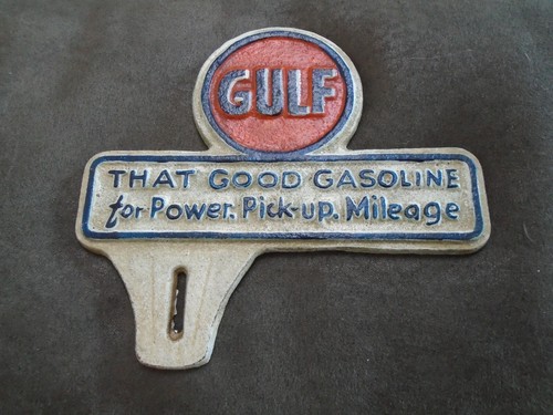 VINTAGE GULF SIGN CAST IRON GAS STATION ADVERTISING TAG TOPPER 6.5" FREE SHIP - Picture 3 of 5