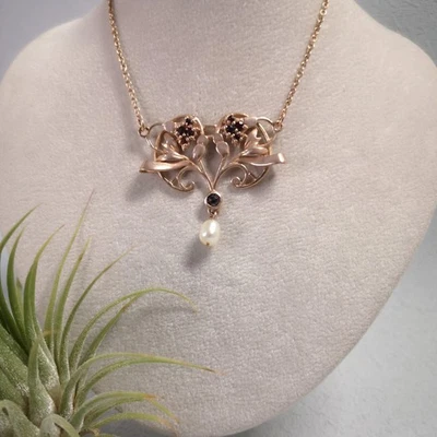 Jugendstil Granat Collier Halskette Vintage Tracht rosé vergoldet Silber 925/- - Bild 1 von 4