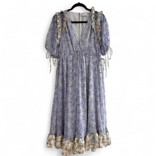 ASOS Blue Floral Puff Sleeve Chiffon Dress Ruffle Cottage Fairy US 8 Medium