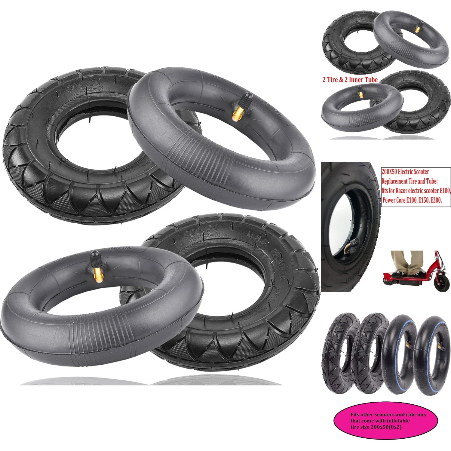 200x50 Tire Inner Tube Set for Electric Scooter Razor E100 E150 E200 Crazy Cart