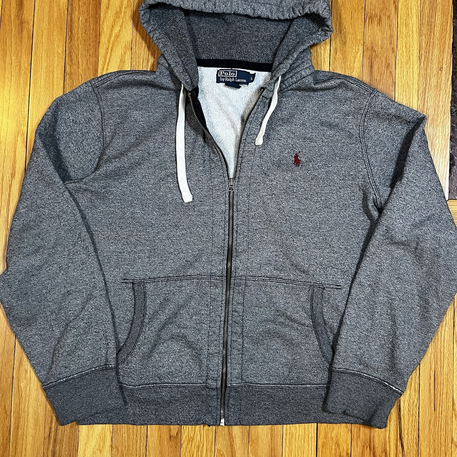 Polo Ralph Lauren maglione pony uomo taglia L grigio full zip cappuccio foderato waffle