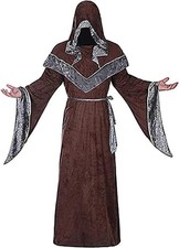 Mens Halloween Costume Sorcerer Robe Medieval Vintage Renaissance Hooded Gown...