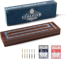 Wooden 3 and 4 - Track Cribbage Board Game Set, with Magnetic Lock / 12Pcs Me...