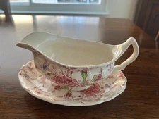 Johnson Brothers Rose Chintz Pink Gravy Boat W/ Under Plate