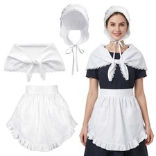 3 Pcs Colonial Costume Women Set - White Mob Cap Bonnet Shawl Waist Apron Pilgri