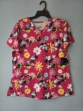 Disney Minnie Mouse Scrub Top Womens LARGE Pink V-Neck Pockets Nursing Medical