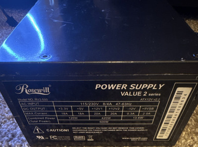 Rosewill RV2-500 ATX Power Supply 500W, 4 Pin, SATA, 24 Pin, 4+4 CPU, 1 Fan