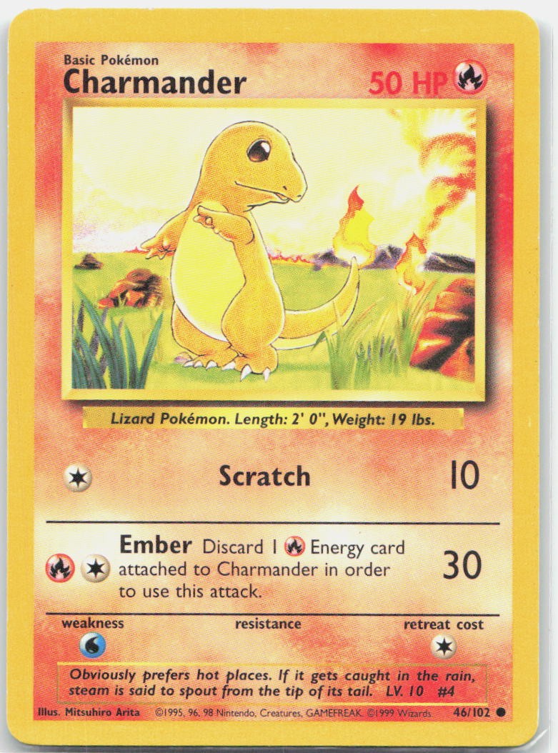 Charmander 46/102 Common Base Set Unlimited Pokemon Lightly Played