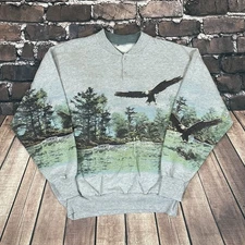 Vintage 90s Art Unlimited Bald Eagle Nature Henley All Over Sweatshirt Size M