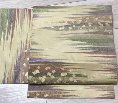 Japanese Kimono Nagoya Obi Belt Nishijin Ori Pure Silk Astringent Cream Tj184
