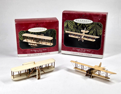 Hallmark FLIGHT AT KITTY HAWK & 1917 CURTIS ''JENNY'' Airplane Ornaments NIB
