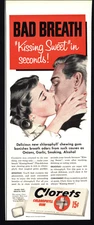 1952 BAD BREATH CLORETS DON'T MISS THIS KISS WHOA NELLIE VINTAGE PRINT AD