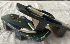 Vintage Handmade Japanese Child's Wooden Geta Navy Strap Slippers 7.75"x3" Read