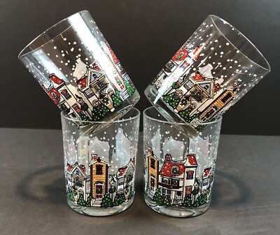 Vintage Luminarc Snowy Village 4 Low Ball Tumblers Christmas Winter Holiday