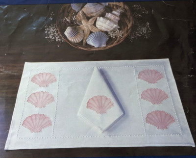 Vintage 1980's Seashell Placemats Napkins Candlewicking Embroidery Kit STARTED