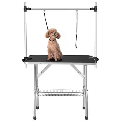 36'' Dog Grooming Table Cat Drying Desktop Foldable Pet Station W/ Arms Mesh Tray