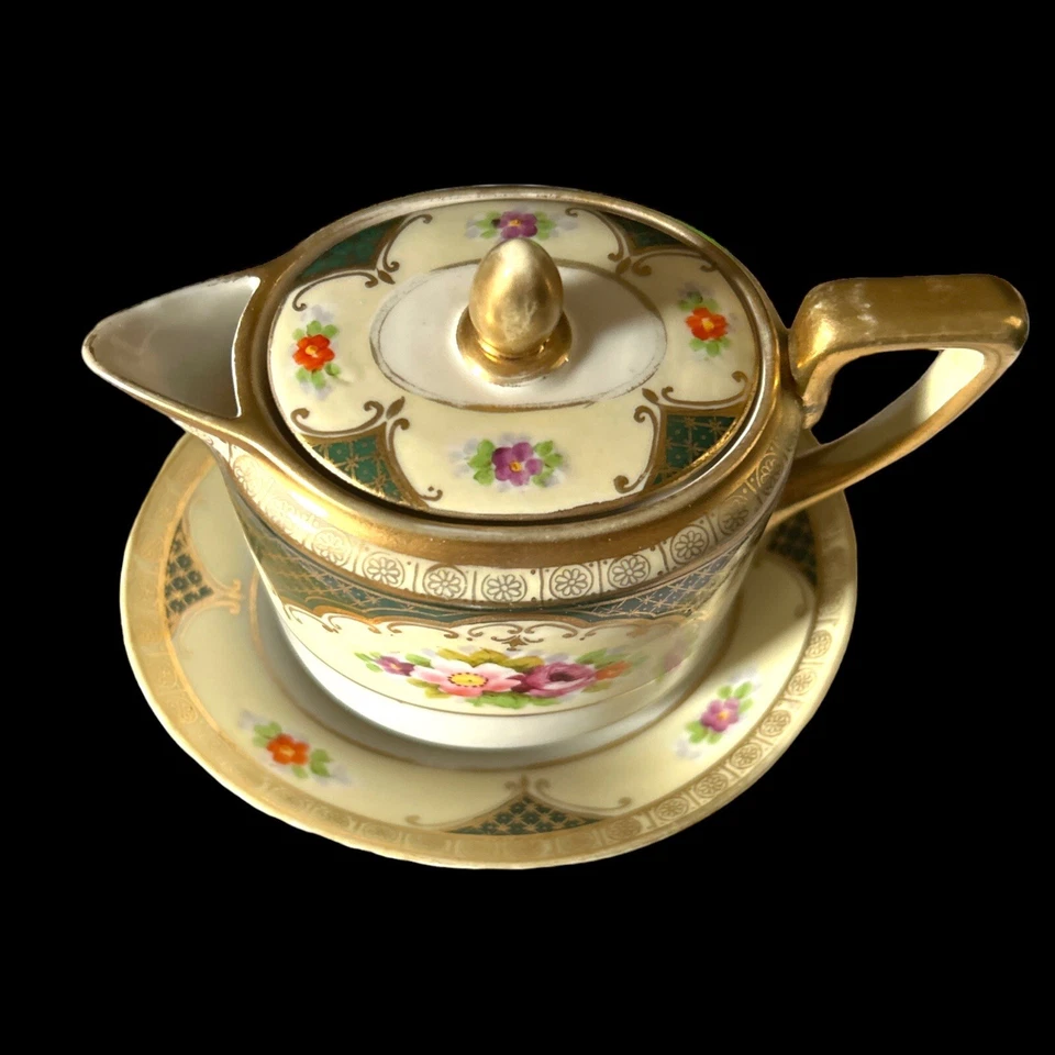 Jarra de jarabe Noritake antigua rara con placa base pintada a mano y dorada Foto 4 de 4