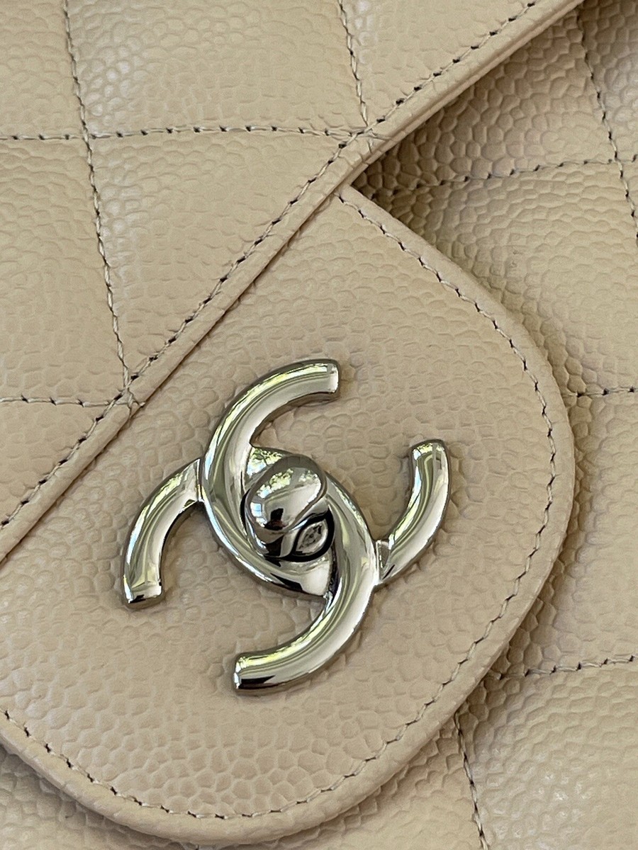 Excellent used CHANEL Beige Caviar PHW JUMBO Classic Double