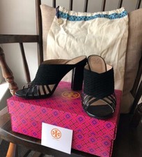 Tory Burch Mule Black Suede Patent Leather Block Heel Sandals Size 10 in Box