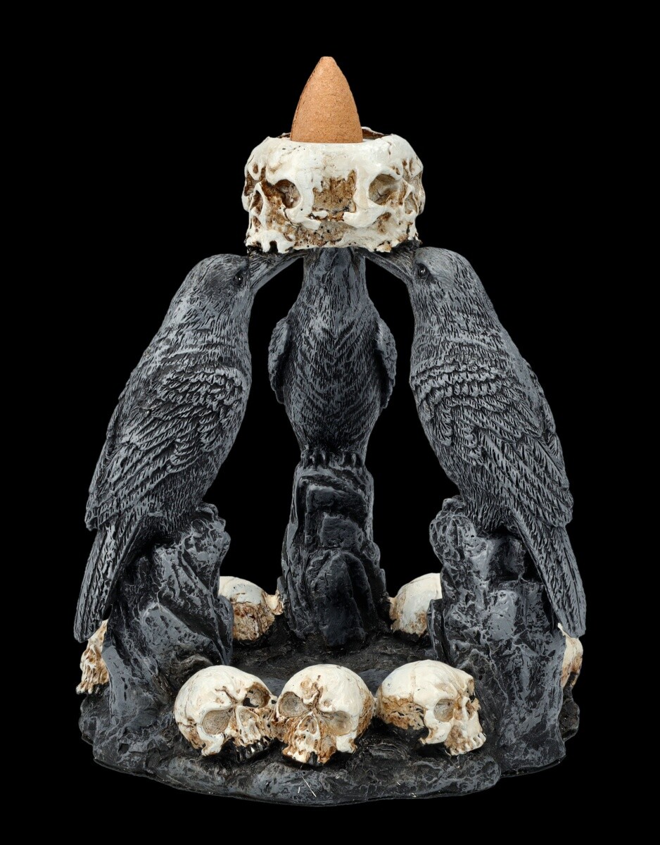 Backflow Incense Holder - Mystical Ravens - Skull Decorations 13.5cm