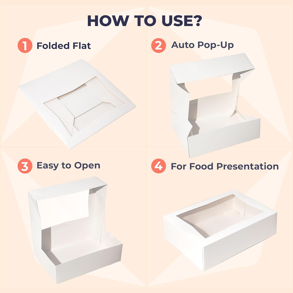 18 Pack 14X10X4 PopUp Cake Boxes with Window, Quarter Sheet Pastry