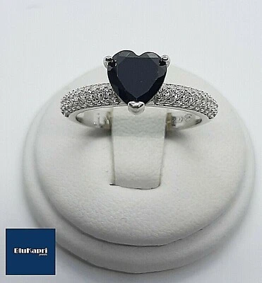 BLUKAPRI Anello Donna in Argento 925 Cuore Nero 8mm con zirconi bianchi Rodiato