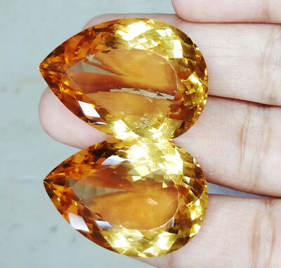 Certified Loose Gems Natural Yellow Citrine Pair 100 Ct Untreated Pear Cut O169