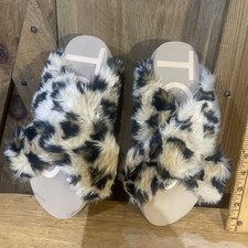 TOMS Hard Sole Slippers Slides Susie Eva Dark Natural Leopard Faux Fur 9w