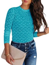 Womens Lace Top M Medium Teal Long Sleeve Floral Sheer Crew Neck Blouse Stretch