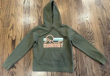 Marmot Hoodie Womens Small Olive Green Swoosh Gym Casual Spell Out Mountains