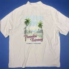 Tommy Bahama Shirt Mens XL Paradise Fairway Embroidered Ivory Silk Hawaii Camp