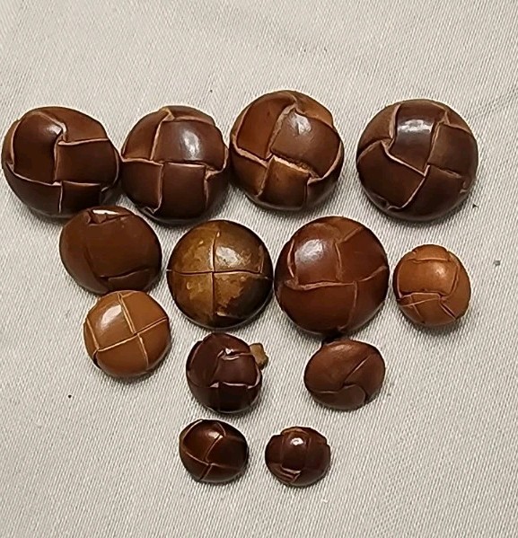LOT of 13 Vintage Woven Leather with Leather Shanks Coat Buttons Round 
