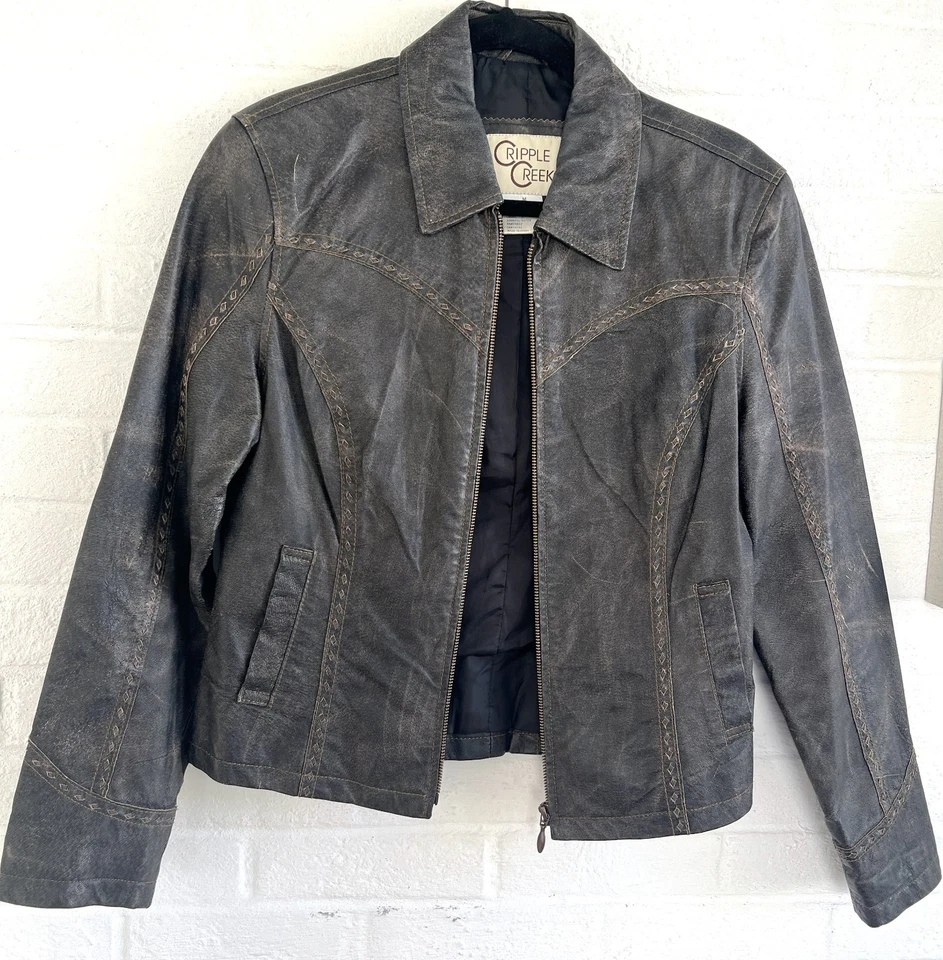 Vintage Cripple Creek Leather Jacket Zip Western Cowgirl Distressed Brown MEDIUM - Image 2 of 4