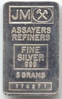 JM Johson Matthey 5 Gram Silver Bar, Vintage, 0.999, JM Assayers, Refiners