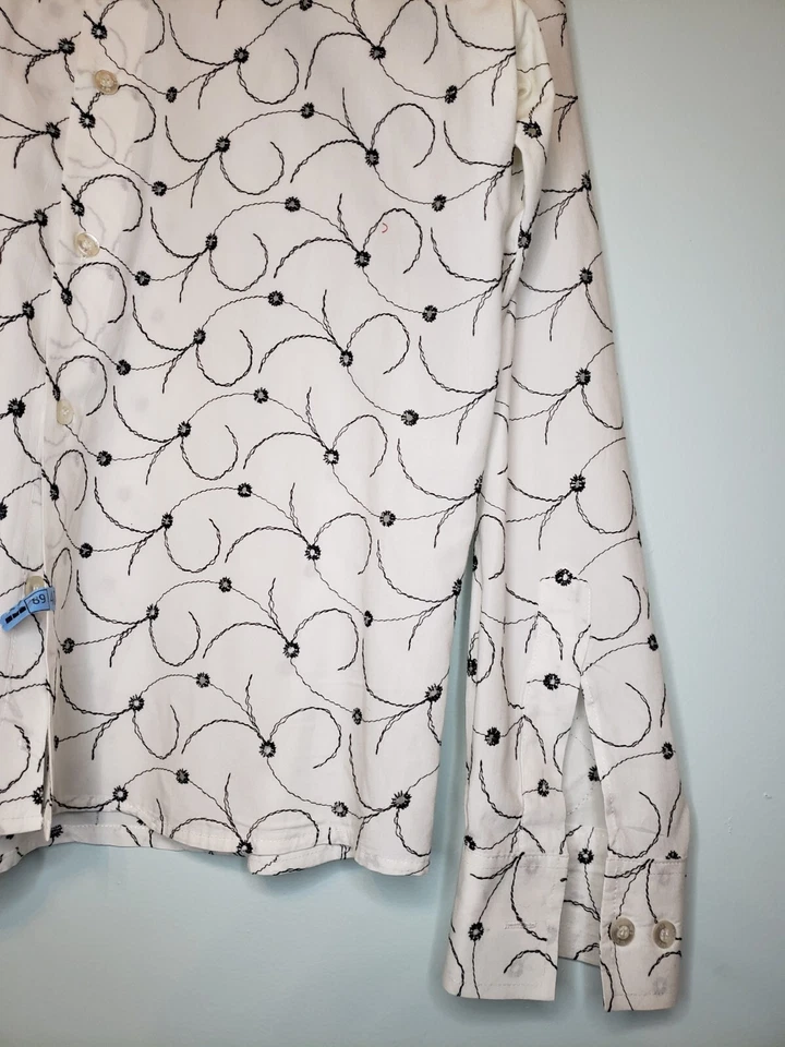 Ko's Мужская рубашка Sz L кнопка спереди отверстие вышивка длинным рукавом белый черный - Изображение 3 из 4