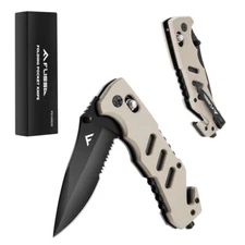 FLISSA Folding Pocket Knife w/Clip Glass Breaker&Seatbelt Cutter Stainless Steel