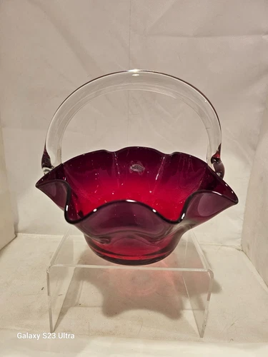 BLENKO 2016 RUBY RED GLASS BASKET SIGNED VERY RARE