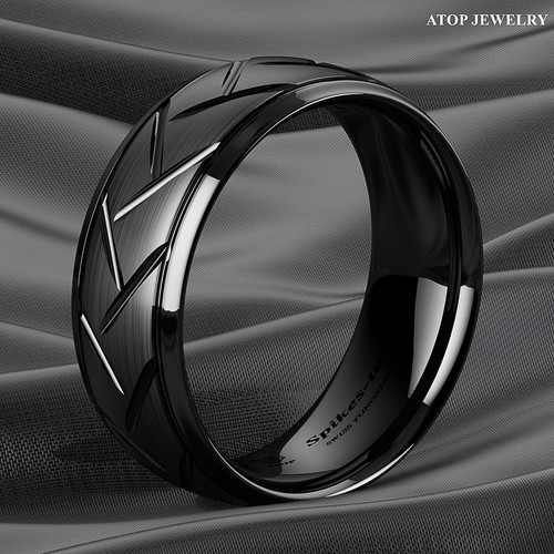 8/6mm Dome Black Brushed Tungsten Ring for Mens Wedding Band Bridal ATOP Jewelry - Picture 2 of 14