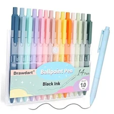 Drawdart 14-Pack Pastel Ballpoint Pens, Medium 1.0mm 14 Pcs Pastel- Black Ink