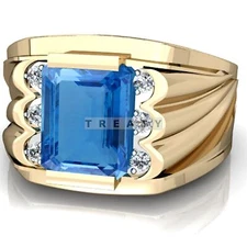 Blue Topaz Emerald Cut With 925 Sterling Silver Gold Plated Ring For Men's #30