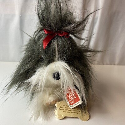 Gund Plush Shih Tzu Puppy Red Bow Bone Tag Grey White 10 