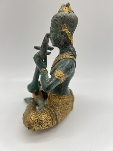 Vintage Bronze Rattanasokin Thai Buddhist Prince Musician Figurine w Lute 5.5" T - Picture 5 of 8