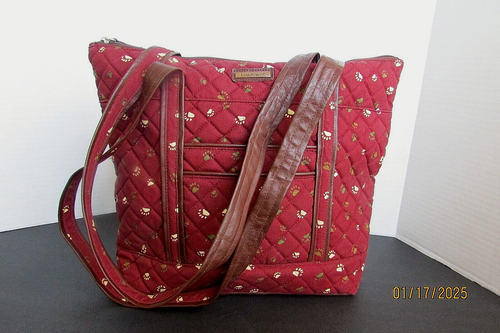 Longaberger Vintage large dog paw print Quilted burgundy shoulder tote handbag