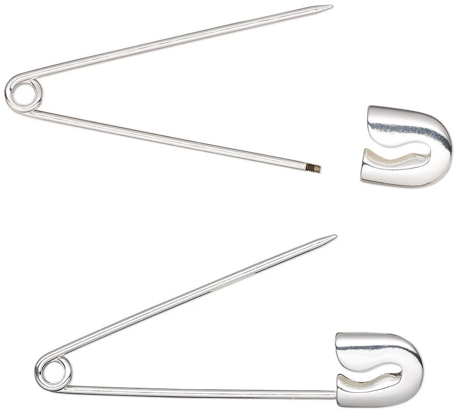 Safety Pin, 2 Silver Plated 2.4" Long Safety Friendship Pin with Removable Catch - Image 2 of 4